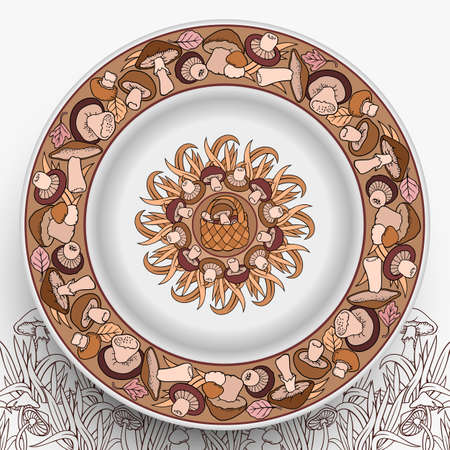 Vector plate with decorative Mushrooms ornamentのイラスト素材