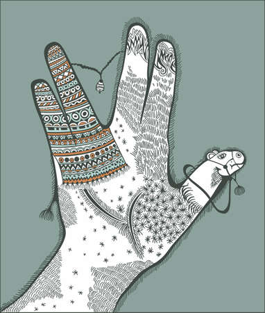 Illustration of hand with stylized camel insideのイラスト素材
