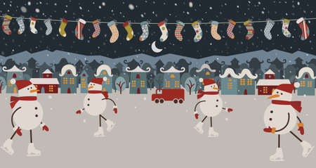 Vector cartoon winter holiday cityのイラスト素材