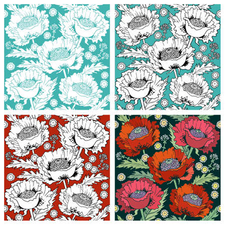 Poppies flowers vector hand drawn backgrounds setのイラスト素材