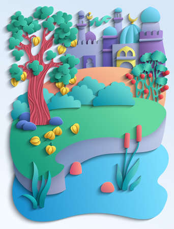 Landscape with a lake, nature and a buildingのイラスト素材