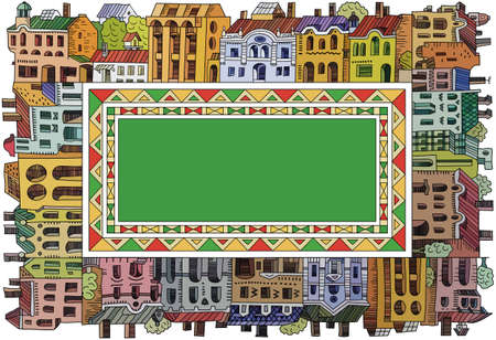 Vector hand drawn cartoon vintage houses frame.のイラスト素材