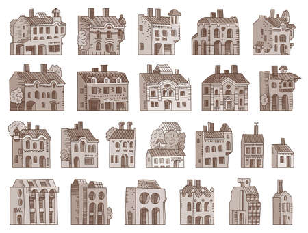 Vector hand drawn cartoon vintage houses set.のイラスト素材