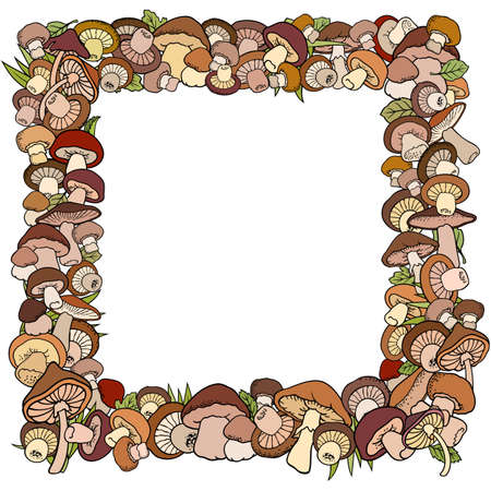 Mushrooms nature cartoon vector hand drawn borderのイラスト素材
