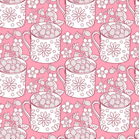 Strawberries cartoon hand drawn seamless patternのイラスト素材