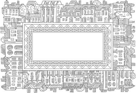 Vector hand drawn linear cartoon houses frame.のイラスト素材