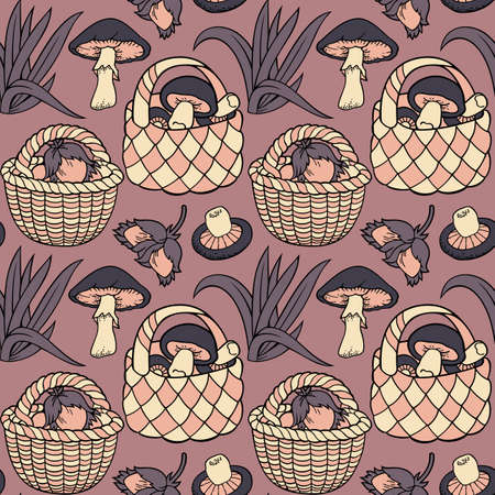 Mushrooms in baskets cartoon seamless patternのイラスト素材