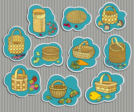 Funny berries, fruits, vegetables in basketsのイラスト素材