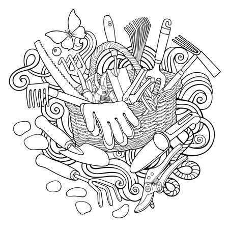 Gardening hand drawn vector doodles illustrationのイラスト素材