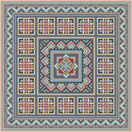 Colorful vector mosaic rug with abstract ethnic geometric ornaments.のイラスト素材