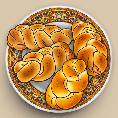 Buns on the plate hand drawn vector doodles illustration. Bake shop elements and objects cartoon background. Funny bakery pictureのイラスト素材