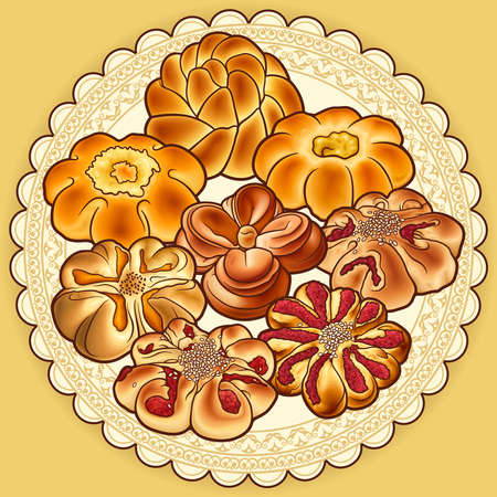 Buns hand drawn vector doodle illustration. Bake shop elements and cartoon background. Bright color bakery objects, pictureのイラスト素材
