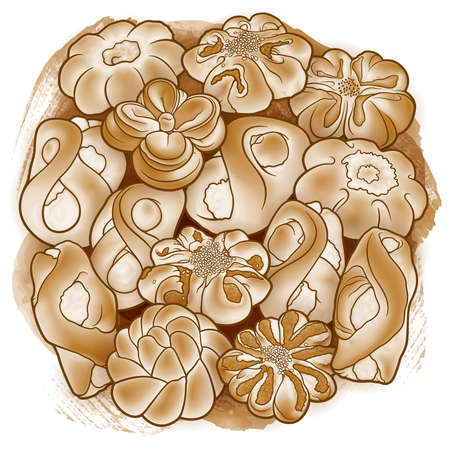 Buns hand drawn vector doodle illustration. Bake shop object elements and cartoon background. Funny bakery pictureのイラスト素材