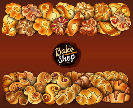 Buns and pastries hand drawn vector doodle colorful illustration. Bakery objects and elements cartoon horizontal background.のイラスト素材