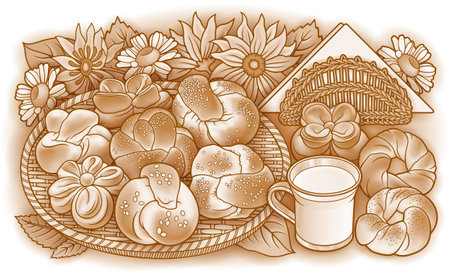 Buns, flowers, milk, napkins hand drawn vector doodle illustrationのイラスト素材