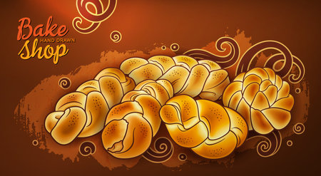 Buns and pastries hand drawn vector doodle colorful illustrationのイラスト素材