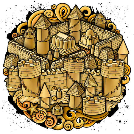 Cartoon cute doodles hand drawn summer beach sand castle round illustrationのイラスト素材