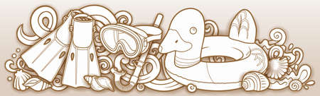 Cartoon cute doodles hand drawn summer beach childrens entertainment illustration.のイラスト素材