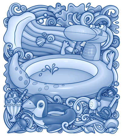 Cartoon cute doodles hand drawn summer beach children's entertainment illustration. Many toys objects vector background. Funny outdoor games artwork.のイラスト素材