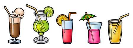 Cartoon set of doodle beverages. Summer beach drinks vector funny illustration. Isolated on white backgroundのイラスト素材