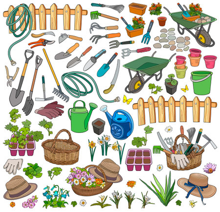 Gardening vector illustration. Set of garden cartoon hand drawn elements setのイラスト素材