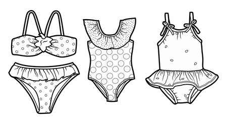 Cartoon set of doodle summer kids swimsuits. Vector funny illustration.のイラスト素材