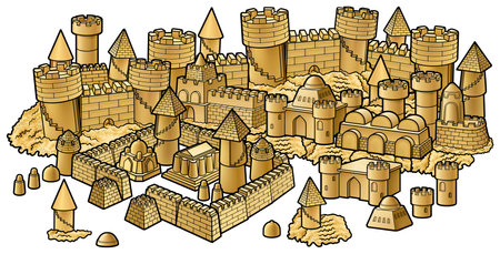 Cartoon cute doodle sand castle. Summer beach entertainment colorful vector funny illustration. Isolated on white background.のイラスト素材