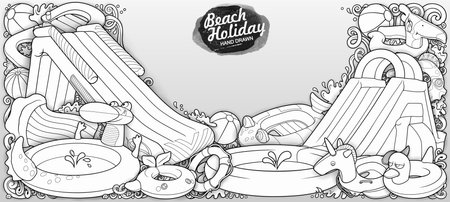 Cartoon funny cute doodles hand drawn summer beach children's entertainment illustration. Many leisure objects line art vector background.のイラスト素材
