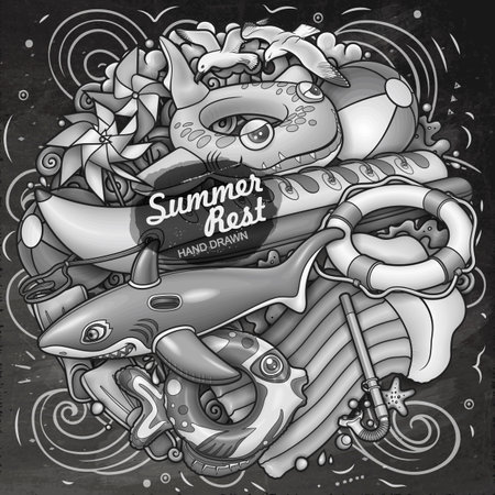 Cartoon cute doodles hand drawn summer beach children's entertainment illustration. Inflatable rings, air mattress vector background. Funny outdoor games artwork.のイラスト素材