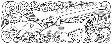 Cartoon cute doodles hand drawn summer beach children's entertainment illustration. Inflatable rings, air mattress vector background. Funny outdoor games artwork.のイラスト素材