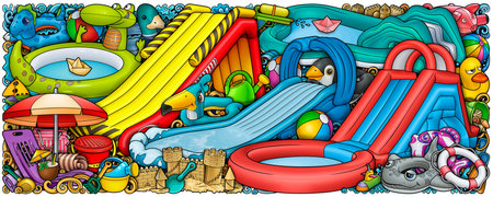 Cartoon cute doodles hand drawn summer beach children's entertainment illustration. Many toys objects vector background. Funny outdoor games artwork.のイラスト素材