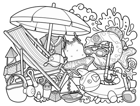 Cartoon funny cute doodles hand drawn summer beach children's entertainment illustration. Many leisure objects sketchy vector background.のイラスト素材