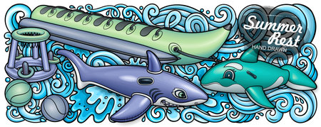 Cartoon cute doodles hand drawn summer beach children's entertainment illustration. Inflatable rings, air mattress vector background. Funny outdoor games artwork.のイラスト素材