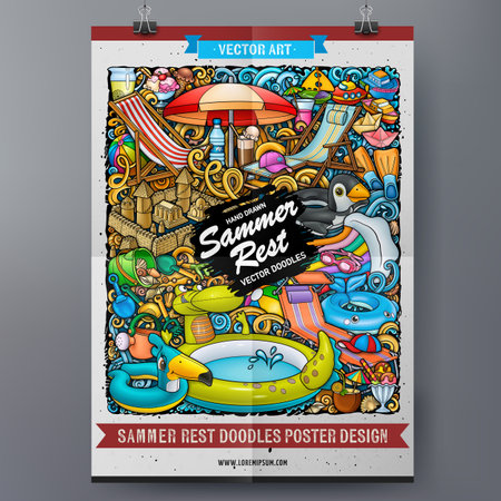 Cartoon vector doodle summer beach children's entertainment poster template. Funny colorful corporate identity.のイラスト素材
