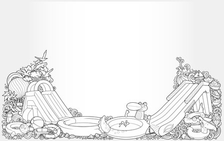 Cartoon cute doodles hand drawn summer beach children's entertainment illustration. Many toys objects vector background. Funny outdoor games artwork.のイラスト素材