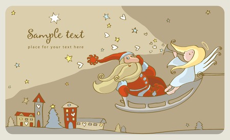 Santa and a angel in a sleigh. postcardのイラスト素材