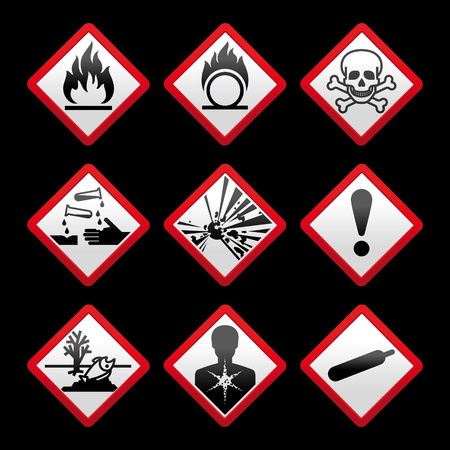 New safety symbols Hazard signs Black backgroundのイラスト素材