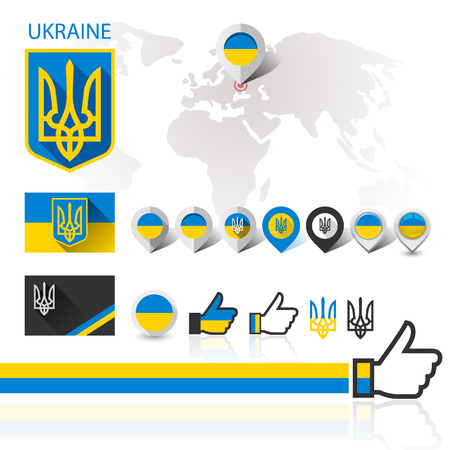 Flag and coat of arms Ukraine with World map, vector illustrationのイラスト素材