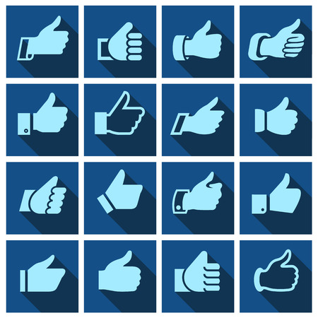 Like, set icons on blue squares, hands with shadow. Vector illustrationのイラスト素材