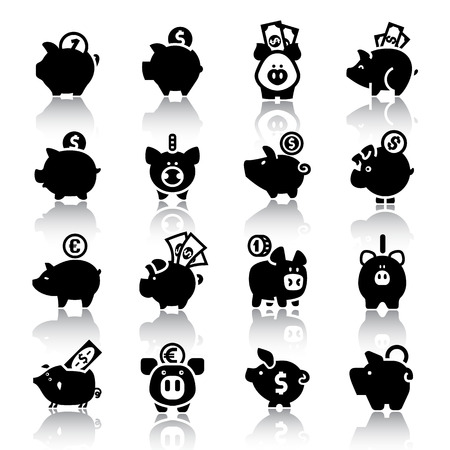 Piggy bank set, isolated black icons with reflection on a white background. Vector illustration, web design elements.のイラスト素材