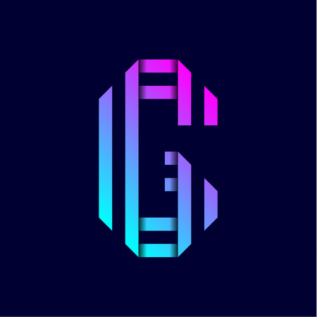 New font folded from two paper tapes. Trendy alphabet, colored vector letter G on a blue background.のイラスト素材