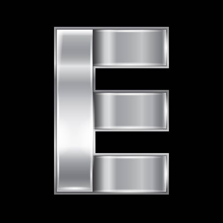 New font folded from a silver metallic ribbon. Trendy roman alphabet, gray vector letter E on a black backgroundのイラスト素材