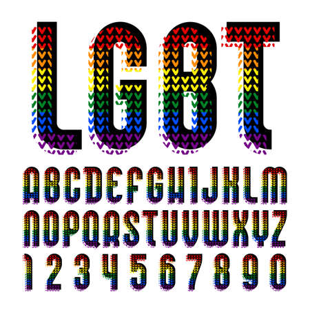 Creative bright font, alphabet in style of pop art, vector letters and numbers high detail with LGBT pattern.のイラスト素材