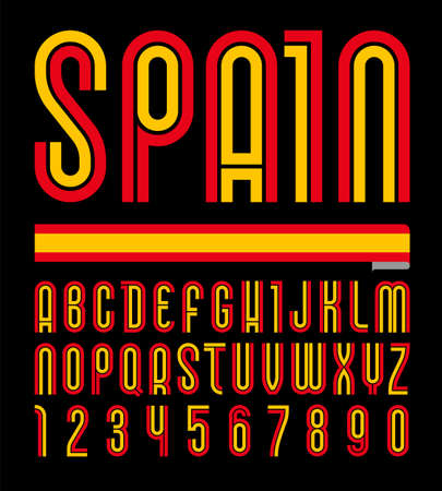 Font Spain. Trendy bright alphabet, colorful letters on a black background.のイラスト素材