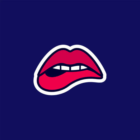 Womans sensuous lips, beautiful open mouth biting lip with lipstick, sticker in the cartoon style.のイラスト素材