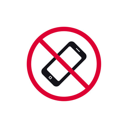 Cell phone prohibited sign, smartphone forbidden modern round sticker, vector illustration.のイラスト素材