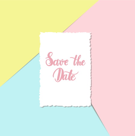 Postcard with a torn edge with a Save the date on a pink, blue a