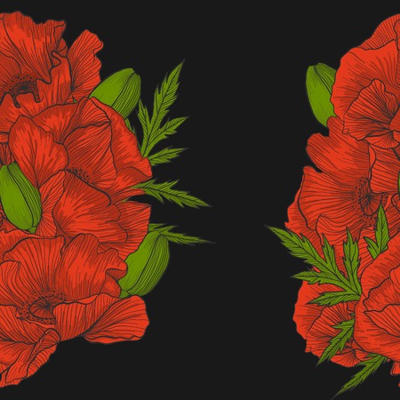 Hand drawn poppies vector. Bright colored poppies - buds and leaのイラスト素材