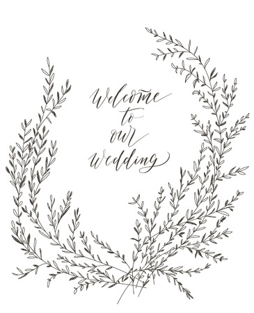 Welcome to our wedding, hand drawn lettering and brunches  for dのイラスト素材
