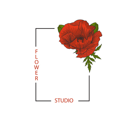 Rectangular frame with text Flower Studio and red poppy for your brand.のイラスト素材